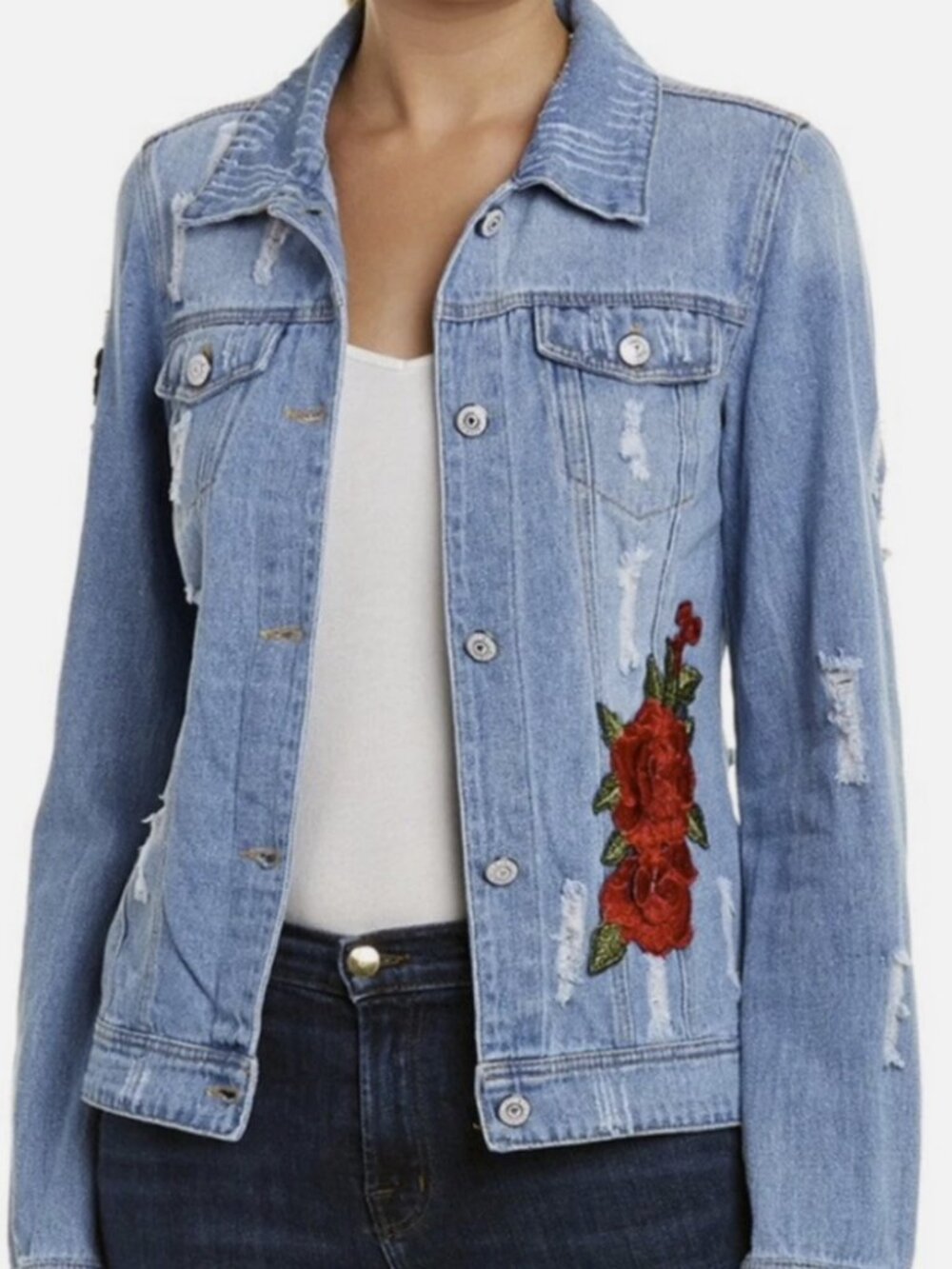 Elan TW Bear Women's Distressed Denim Jean Jacket Floral Patches Size Large